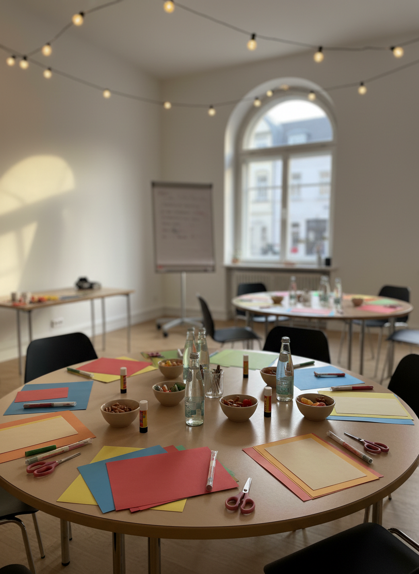A photographic realism scene of a bright, airy community room arranged for a themed workshop night for Latina women in Germany. In the foreground, several round tables are set with craft supplies: neatly arranged colored papers, glue sticks, markers, and scissors, alongside bowls of snacks and sparkling water bottles. In the background, a whiteboard stands beside a large window, but any writing is purposely blurred. String lights drape softly across the ceiling, adding a playful, festive glow to the natural late-afternoon light entering the room. The camera is positioned at standing height, slightly off-center, with sharp focus across the space. The mood is energetic yet safe and welcoming, suggesting creative encounters, learning, and shared experiences for adult Latina women building community abroad.
