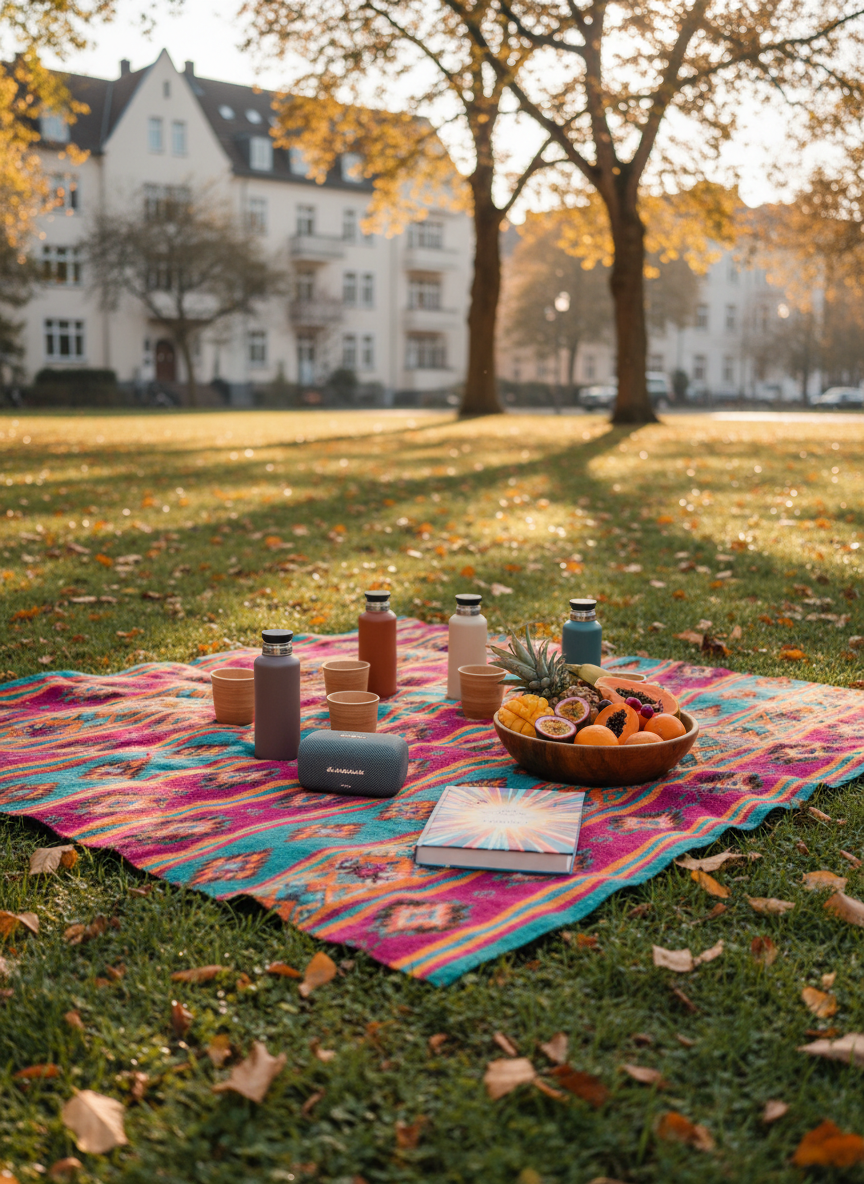 A photographic realism image of an outdoor German park in early autumn, set up for a relaxed picnic gathering that symbolizes friendship among Latina women 30+. A large, colorful blanket with Latin American-inspired geometric patterns spreads over short green grass sprinkled with a few fallen golden leaves. On the blanket are thermoses, reusable cups, a small Bluetooth speaker, a bowl of fresh fruit, and a closed book with a bright, text-free cover. In the distance, classic German apartment buildings and tall trees are softly blurred. Late-afternoon sunlight filters through the trees, casting dappled light and playful shadows across the scene. Shot from a low, slightly angled perspective, the mood is joyful, relaxed, and full of possibilities for new friendships.