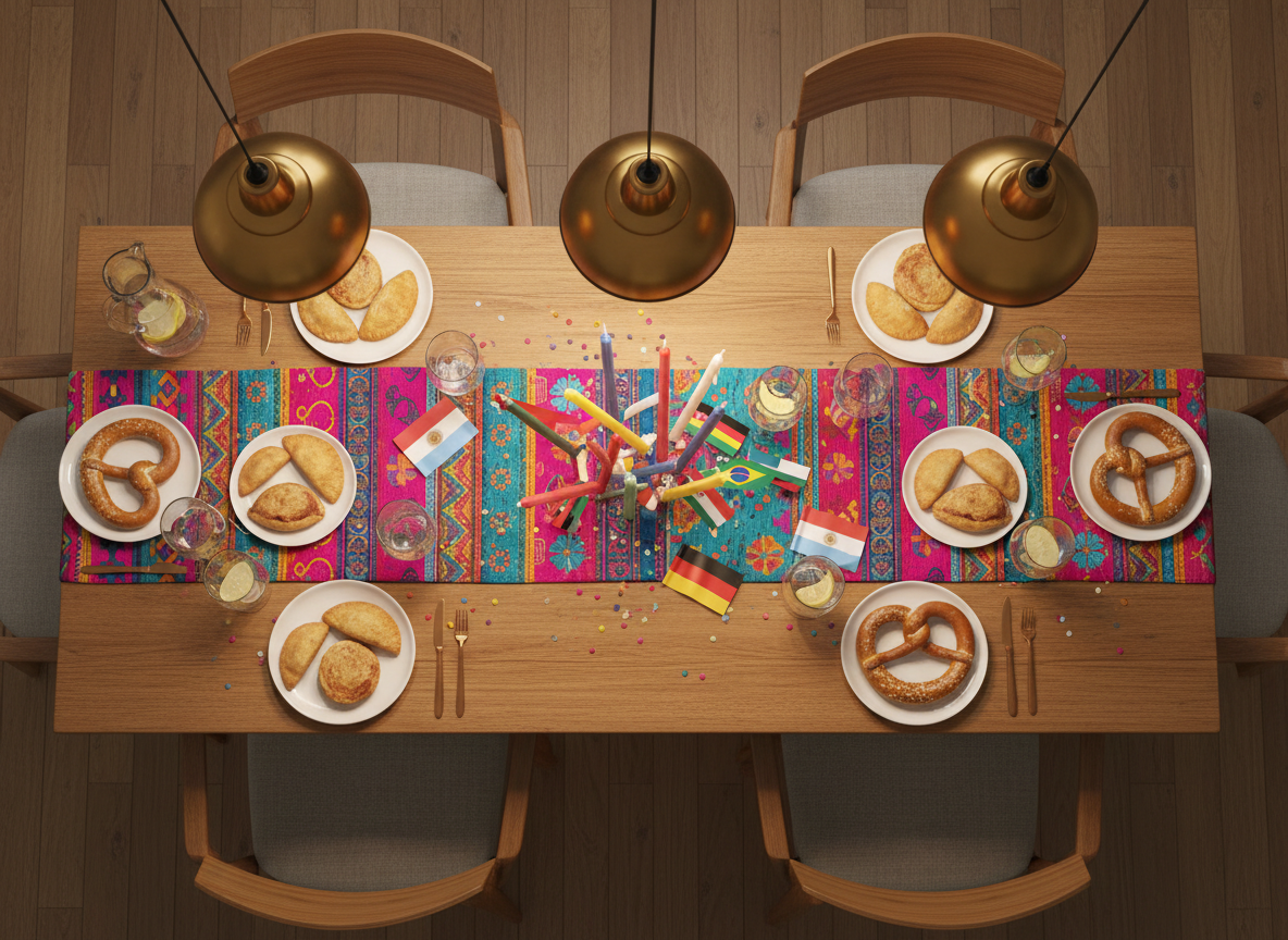 A photographic realism overhead view of a festive dining table prepared for a multicultural celebration in Germany, reflecting the joyful spirit of Latina women 30+. The long wooden table is dressed with a bright, patterned runner inspired by Latin American textiles, surrounded by modern German-style chairs. On the table, there are small plates of arepas, empanadas, and German pretzels, along with sparkling lemon-infused water in clear glasses. Colorful candles and tiny decorative flags of Latin American countries and Germany intertwine as a centerpiece. Soft, warm pendant lighting from above creates gentle highlights on the glassware and food, with pleasing shadows between objects. The mood is playful, celebratory, and welcoming, evoking shared traditions and new friendships in a new country.