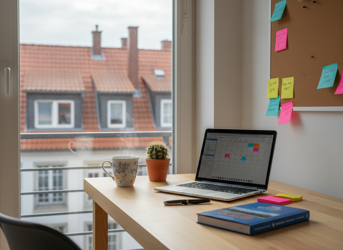 A cozy corner of a modern German apartment captured in photographic realism, dedicated to planning life and activities for Latina women over 30 abroad. A light wooden desk stands beside a large window showing a blurred German cityscape with classic rooftops. On the desk, a sleek laptop displays a calendar interface (screen content indistinct), surrounded by a steaming mug with a subtle floral pattern, a small cactus in a terracotta pot, colorful sticky notes, and a guidebook about Germany turned face-down to avoid visible text. Soft, diffused morning light fills the room, creating gentle highlights on the desk surface and calm shadows under the objects. Shot at eye level with a slight angle, the composition feels organized yet playful, suggesting empowerment, planning, and practical support for life in Germany.