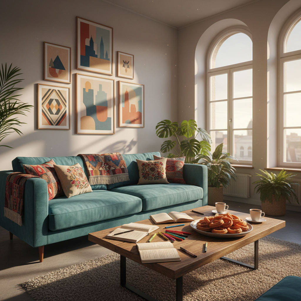 A wide, photographic realism shot of an inviting living-room style community space in Germany, designed for adult Latina women gatherings. A large, plush teal sofa with colorful woven throw blankets and embroidered cushions faces a low wooden coffee table covered in open notebooks, vibrant pens, and a plate of traditional Latin American pastries. On the wall, a tasteful gallery of abstract art subtly hints at Latin American patterns and German city skylines without any text. Golden hour sunlight streams through tall windows, creating a cozy, playful atmosphere with soft, elongated shadows. The composition uses the rule of thirds, with sharp focus throughout, emphasizing an environment of friendship, relaxed conversation, and new connections for women 30+ finding home between cultures.